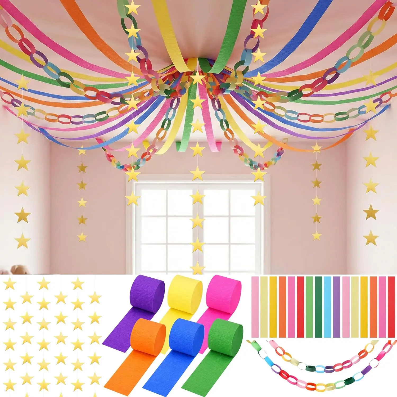 700 Sheet Paper Chain Strips and Star Garland Set, Rainbow Paper Chains and 52 ft Gold Stars Decor with 492 ft Crepe Paper Streamers for DIY Crafts Pride Month Birthday Wedding Theme Party2026