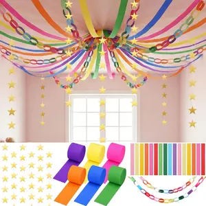 700 Sheet Paper Chain Strips and Star Garland Set, Rainbow Paper Chains and 52 ft Gold Stars Decor with 492 ft Crepe Paper Streamers for DIY Crafts Pride Month Birthday Wedding Theme Party