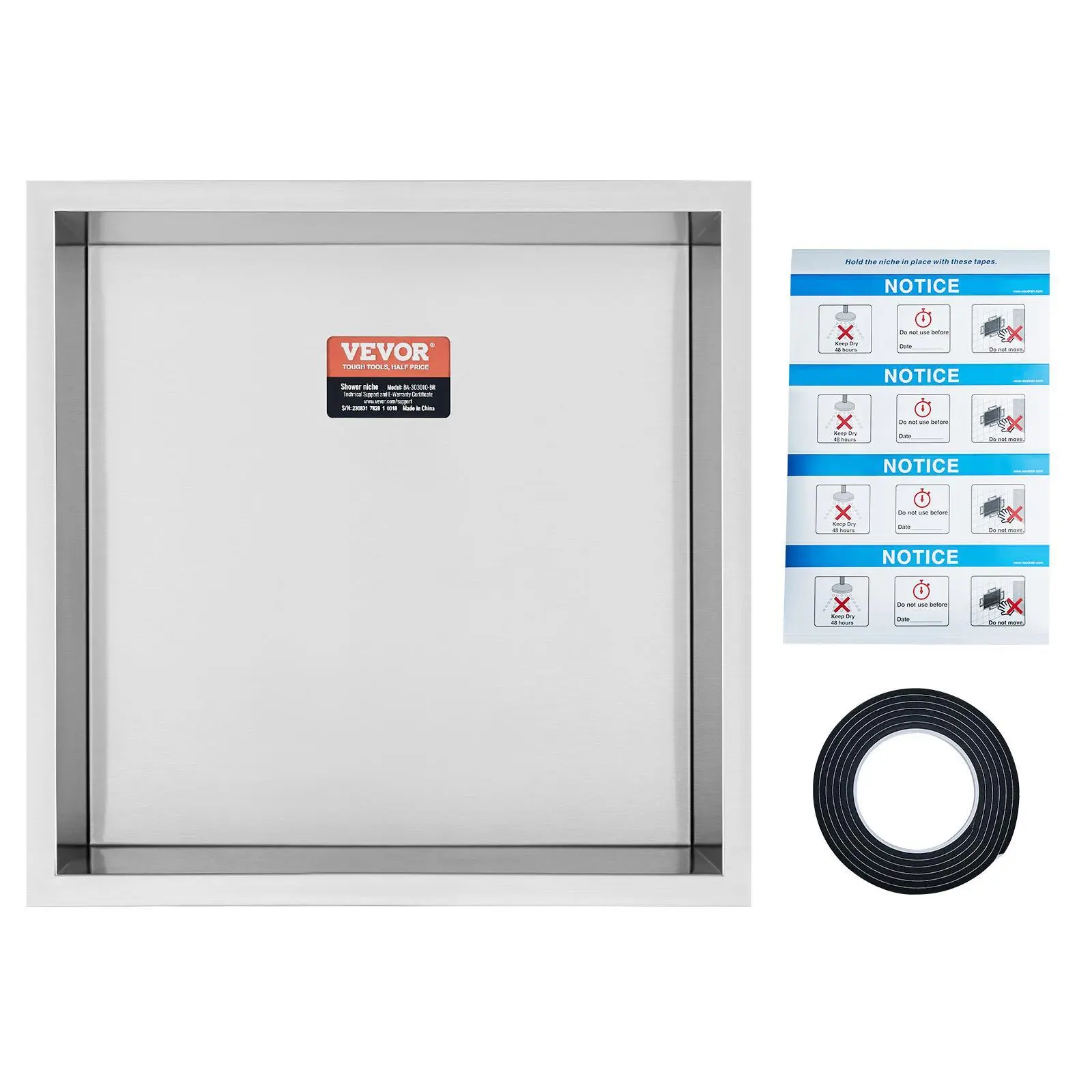VEVOR 13x13x4 in Bathroom 304 Stainless Steel No-Tile Wall-Inserted Shower Niche, Full Welding Waterproof Seal, Rust-Resistant Double Recessed Shelves, Adhesive Tape for Easy Installation, Durable Soap & Cleaning Storage, Silver, Extends Wall Lifespan