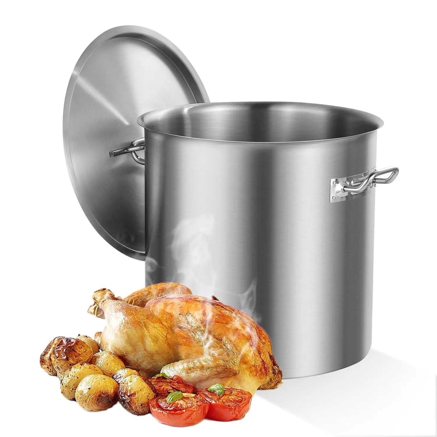 53Qt Size Heavy Duty Stainless Steel Induction Stockpot - 50.1L Commercial Grade Cookware with Lid, Handle, Sanding Treatment + Silver Dual Kitchen Storage Bottle Organiser for Steaming Large Lobsters, Stewing Delicious Dishes