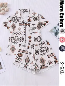 Women's Button Up Shirt & Shorts Pyjama, Casual Comfy Short Sleeve Top & Shorts PJ Set, Ladies Sleepwear for All Seasons, Loungewear, Pajamas