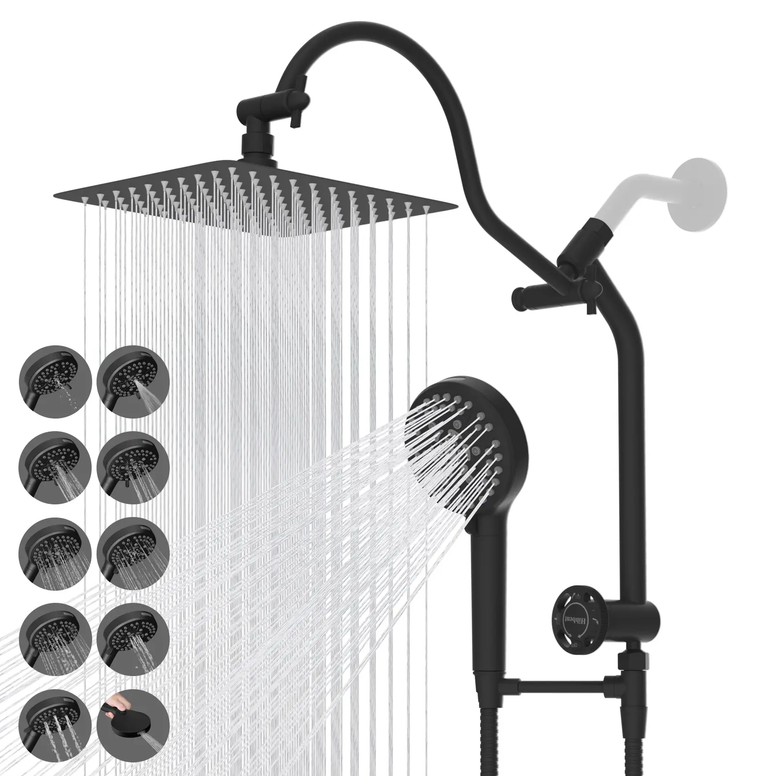 Hibbent Upgraded All-Metal Adjustable Rainfall Shower Head Combo, 10in Head, 10-Mode High-Pressure Handheld Spray, 12in Extension Arm, 4-Way Diverter, 71in Hose, Holder, Black for Easy Reach, Adjustable Shower Head