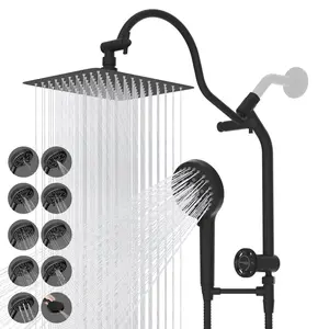 Hibbent Upgraded All Metal 10” Shower Head for Easy Reach, High Pressure Rainfall Showerhead Combo with 10-mode Handheld Spray, 12'' Extension Arm, 4-way Diverter, 71'' Hose, Showerhead Holder, Black