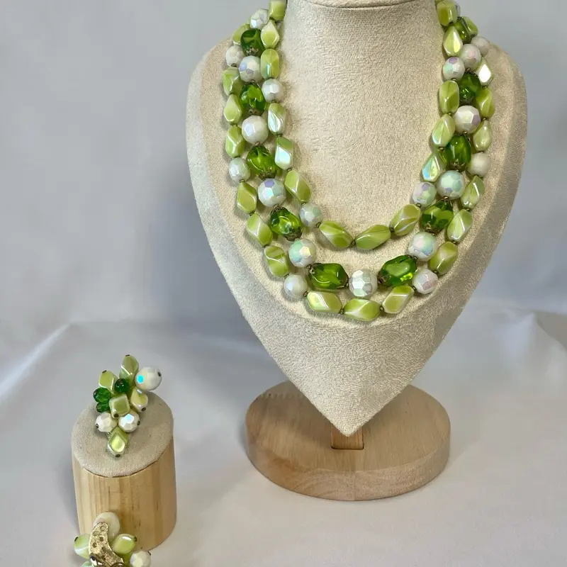 1950s-1960s Vintage Trifari Crown Green Art Glass Demi-Parure - Necklace & Earrings, Statement Jewelry