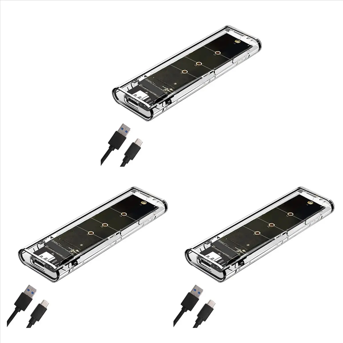 3-Unit Compact Fit Rectangular ABS Plastic M.2 NGFF SATA Dual Protocol SSD External Enclosure Box Set, 100% New USB Type-C 10Gbps PCI-E M2 Transparent Storage Case with 3 Cables