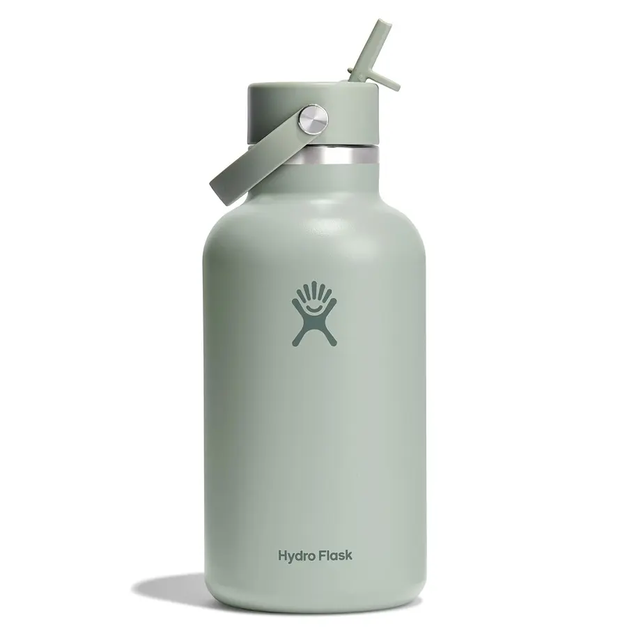 Hydro Flask 64oz Wide Mouth Stainless Steel Double Wall Insulated Reusable Water Bottle - BPA-Free, Leakproof, Dishwasher Safe, Travel-Friendly, Ice-Cube Friendly, Won't Retain Odor or Flavor, Kitchen Drinkware with Bendy Straw Lid, Straw Cap