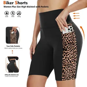 Women's Sports Shorts, Plus Size Patchwork Leopard Print Pocket Sports Shorts, High Waist Skinny Pants for Yoga Gym Workout, Ladies Plus Size Clothing, Yoga Shorts, Biker Shorts, Running Shorts