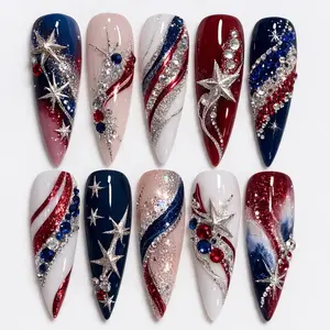 Luxury Patriotic Press On Nails with Rhinestones Stars Red White Blue Glitter Design, 4th of July Nail Set, USA Holiday Nails