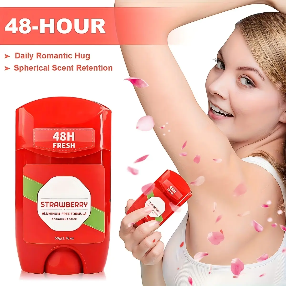 Aluminum-Free Strawberry Aroma Solid Stick Deodorant - 50g, Body Care, 48H Sweat Odor Control, Hypoallergenic Gentle Formula for Sensitive Skin, Unisex, Easy to Carry, Freshness for Daily Use & Outings