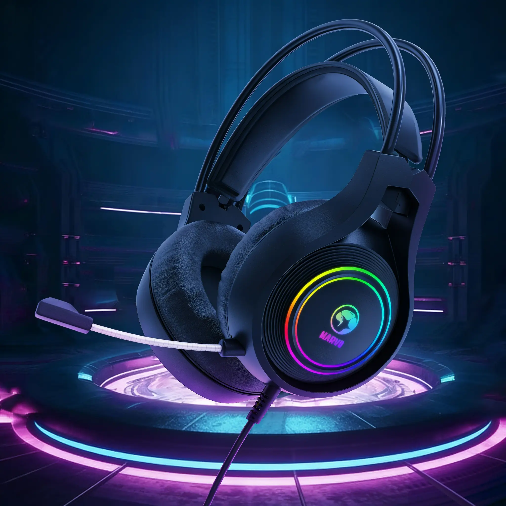 Marvo Wired Gaming Headphones - USB 2.0, 50mm Drivers, 115dB Sensitivity, Omnidirectional Mic, Dual PU Headband Cushions, 2.2m Cable, Static RGB Lighting, Stereo Sound, PC Compatible Gaming Headset