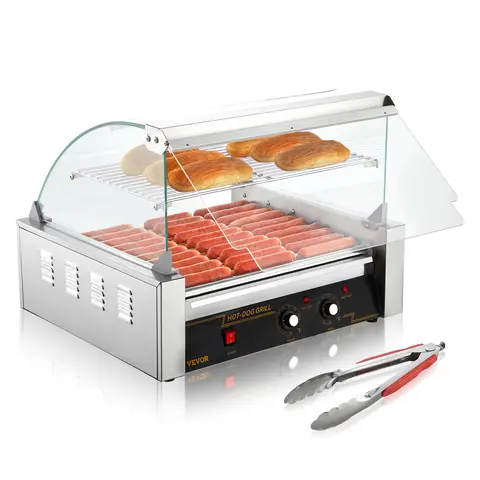 【Fallpicks】VEVOR Stainless Steel Hot Dog Roller Grill Cooker - 11 Rollers, 30 Hot Dogs Capacity, 1650W, Dual Temp Ctrl, Glass Hood, Acrylic Cover Bun Warmer Shelf, Removable Drip Tray, ETL Certified, Dishwasher Safe for Barbecues, Brush Included, Famil