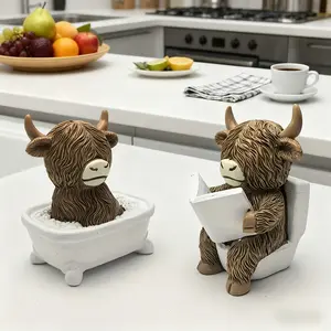 Funny Resin Toilet Seat Cow Figurine Set, Creative Bathroom Decor, Stress Relief Desk Ornament, Cute Animal Statue for Home Decoration, Decoration Figure