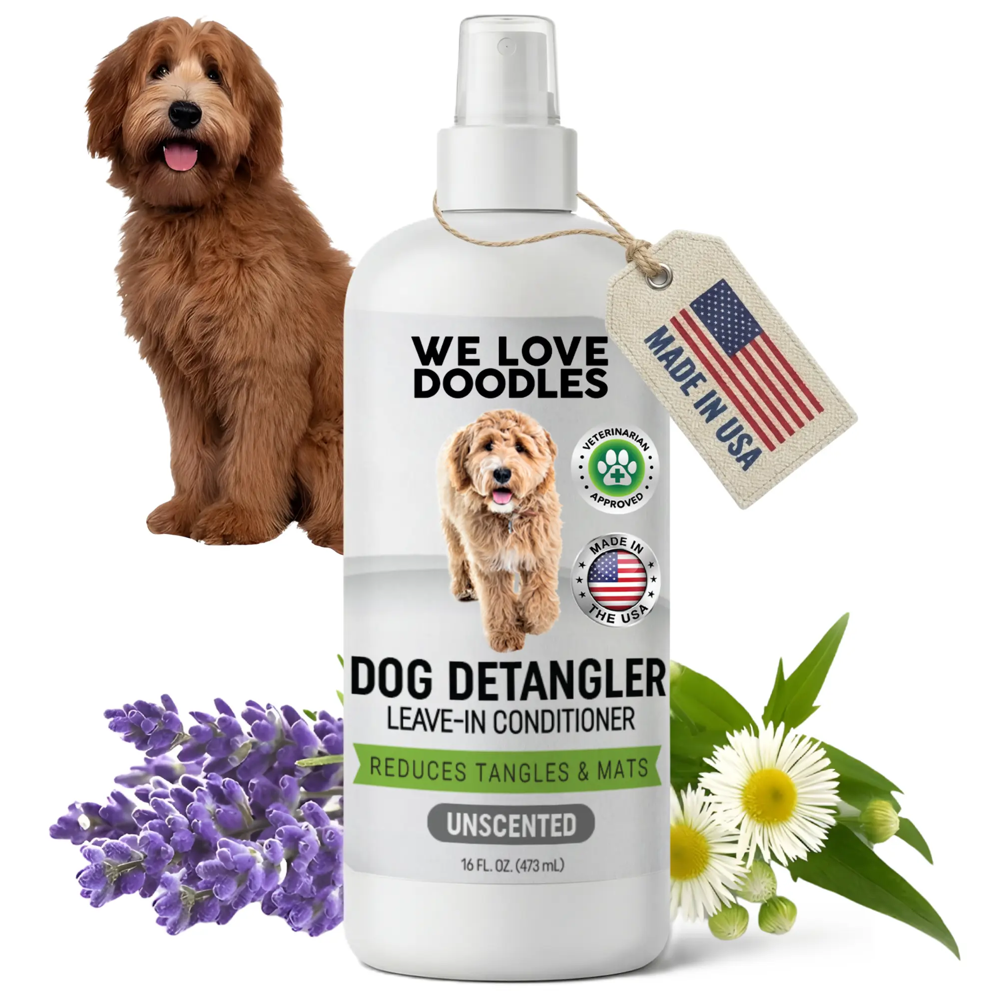 We Love Doodles Dog Detangler Spray Unscented - Natural & Gentle Formula, Leave-in Conditioner for Dogs, Tangle Remover, Made in USA, 16oz