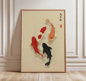Japanese Koi Fish Poster - Minimalist Asian Art Decoration, Zen Water Painting Print, Japandi Room Paper Art, Modern Oriental Tranquil Pond Wall Decor for Home