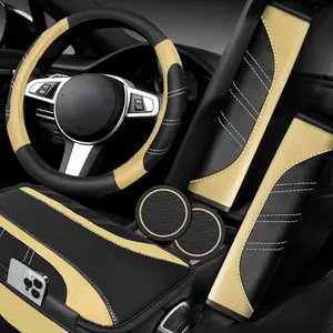 6-Piece Beige Car Accessories Set Sports Leather Steering Wheel Cover 14.5-15inch Universal Microfiber Leather Car Center Console Cover Seat Belt Cushion Cup Holder Mat Coaster (Black Beige)