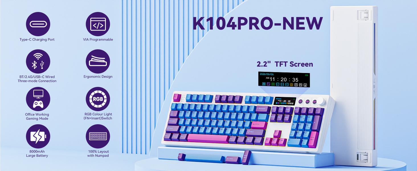 BOYI K104Pro Mechanical Keyboard with 2.2" Screen&Media Knob,QMK/VIA Custom BT5.0/2.4GHz/Type-C Gasket Mounted Hot Swap RGB Full Size Creamy Wireless Keyboard NKRO Gaming Keyboard