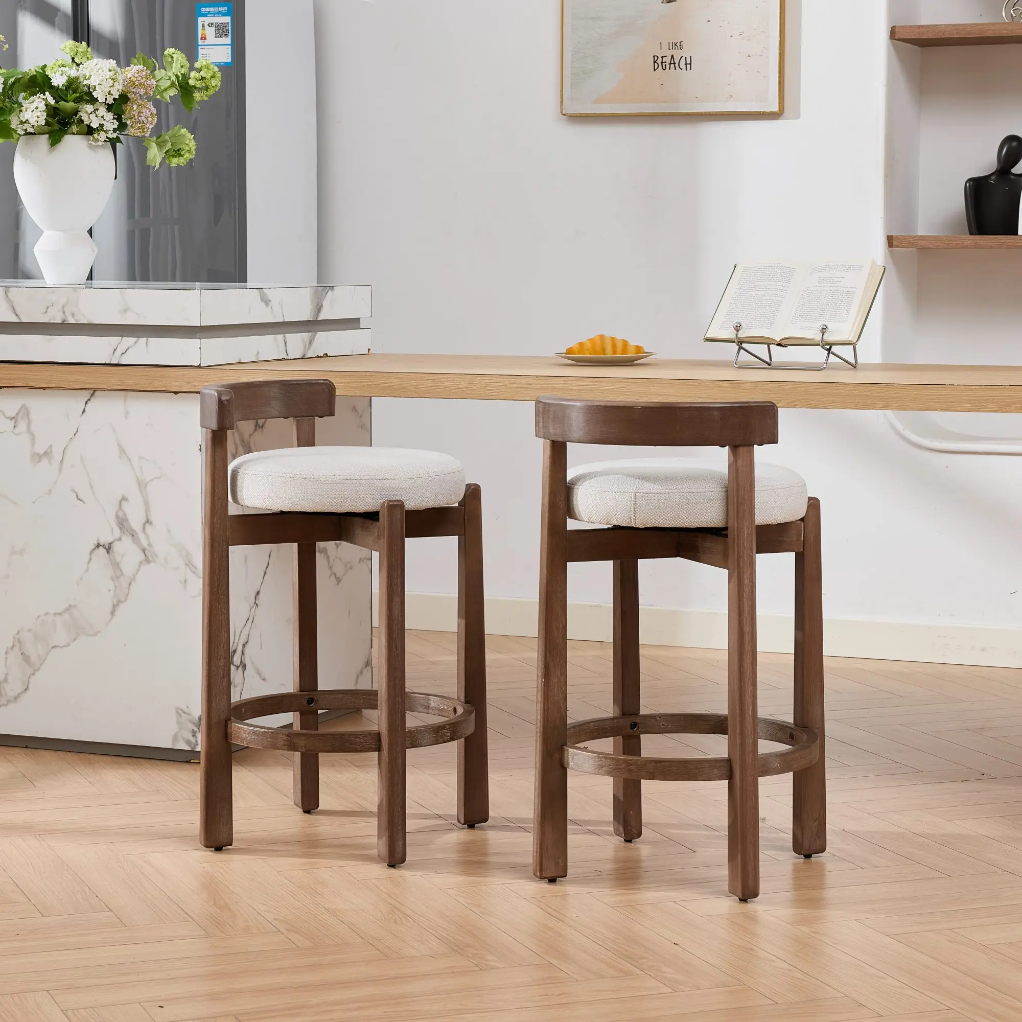 2-Piece Armless 26" Seat Height Mid-Century Modern Swivel Barstools, 360° Adjustable, Solid Wood Frame, Soft Linen Upholstered Seat-Back-Footrest, Space-Saving for Kitchen Island & Home Bar