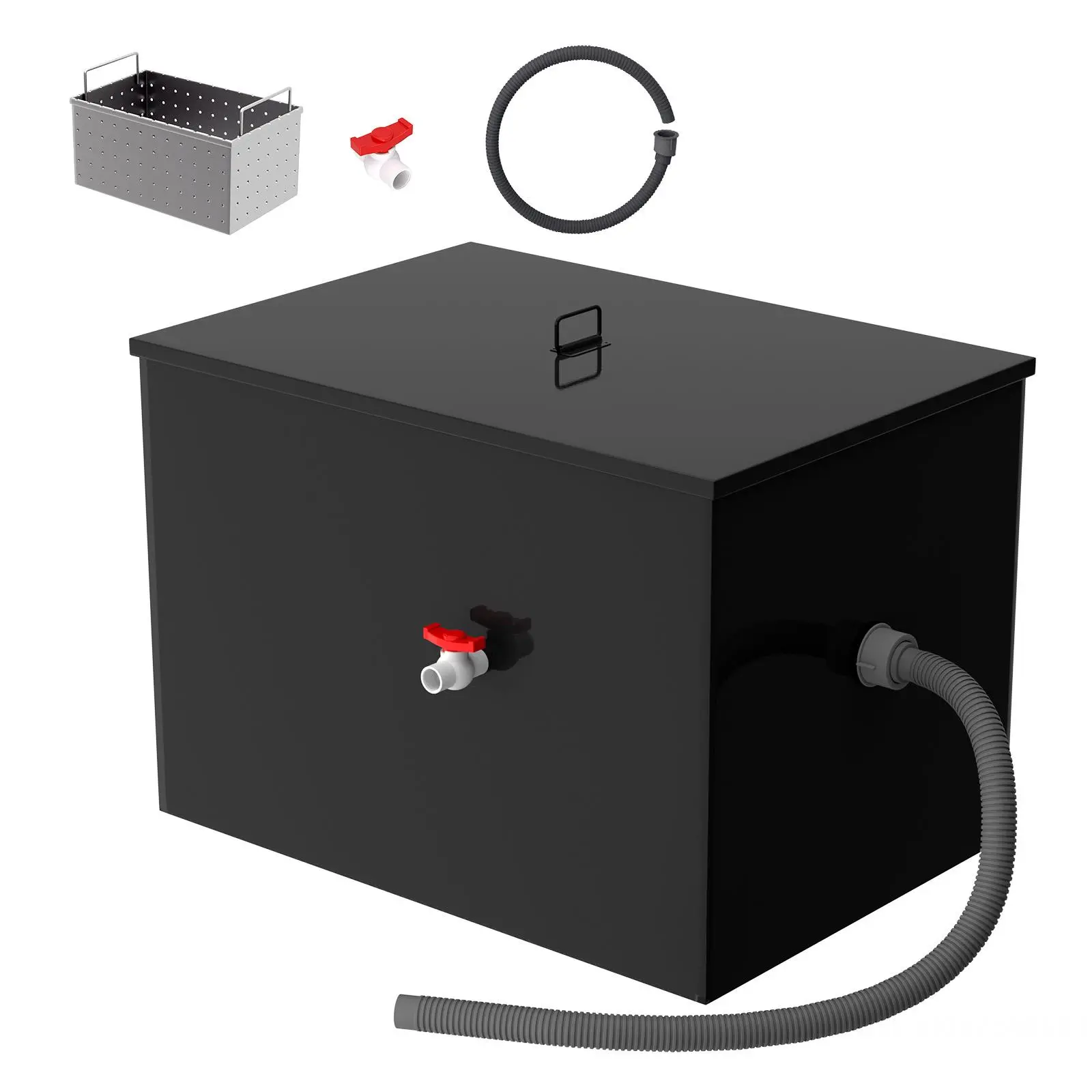 40 Gal Commercial Carbon Steel Grease Trap Interceptor - 15.32 GPM Under Sink Oil-Water Separator with 3-Layer Filtration System for Restaurant, Commercial Kitchen