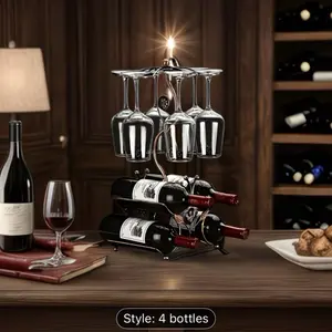 Wine Rack And Wine Glass Holder-Hold 4 Wine Bottles And 6 Glasses-Perfect for Home Kitchen Decor & Kitchen Storage Rack,  Kitchen Organization, Stylish Storage, Contemporary Design, Durable Rack, Compact Organizer, Multifunctional Rack, Wine