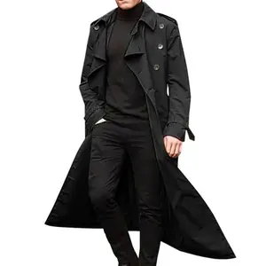 Men's overcoat, retro long trench coat, men's double-breasted jacket, black long, solid, windproof outerwear.