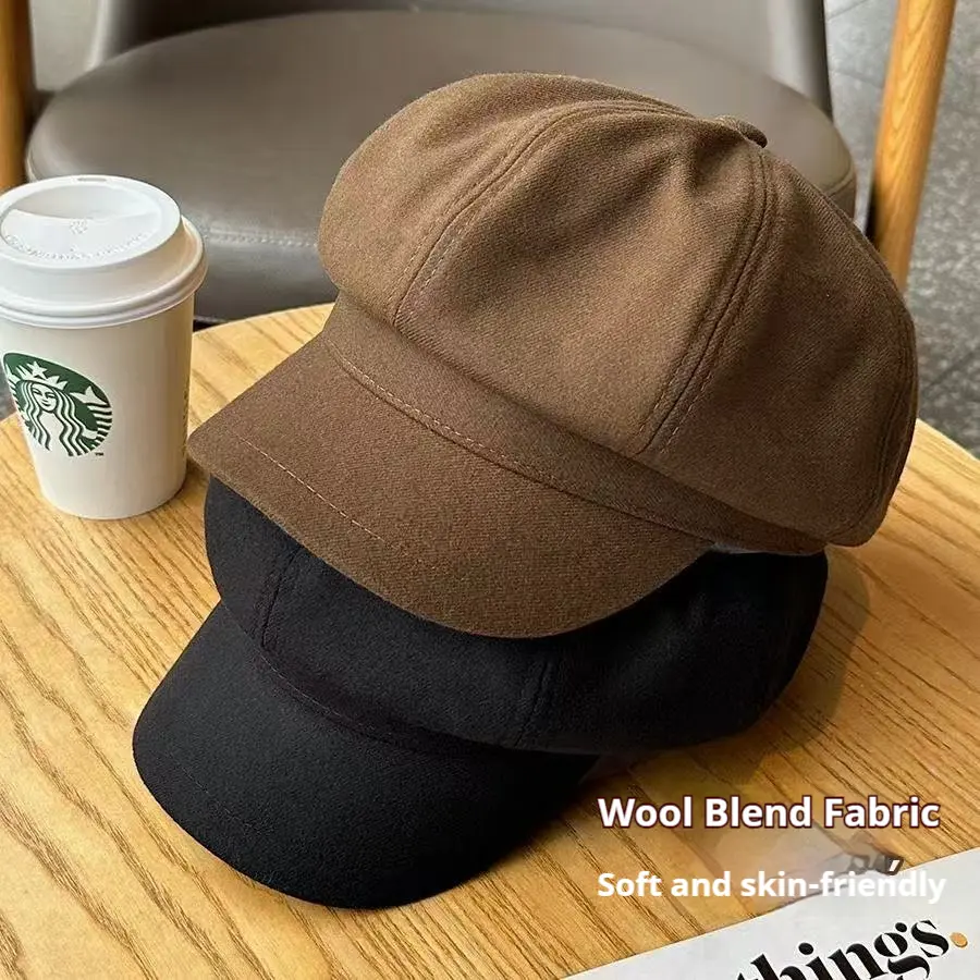 Autumn/Winter Beret for Women Korean Style Versatile Face-Slimming Octagonal Hat Artistic Retro Newsboy Cap Japanese Painter Hat Wool Blend Fabric Soft and Skin-Friendly