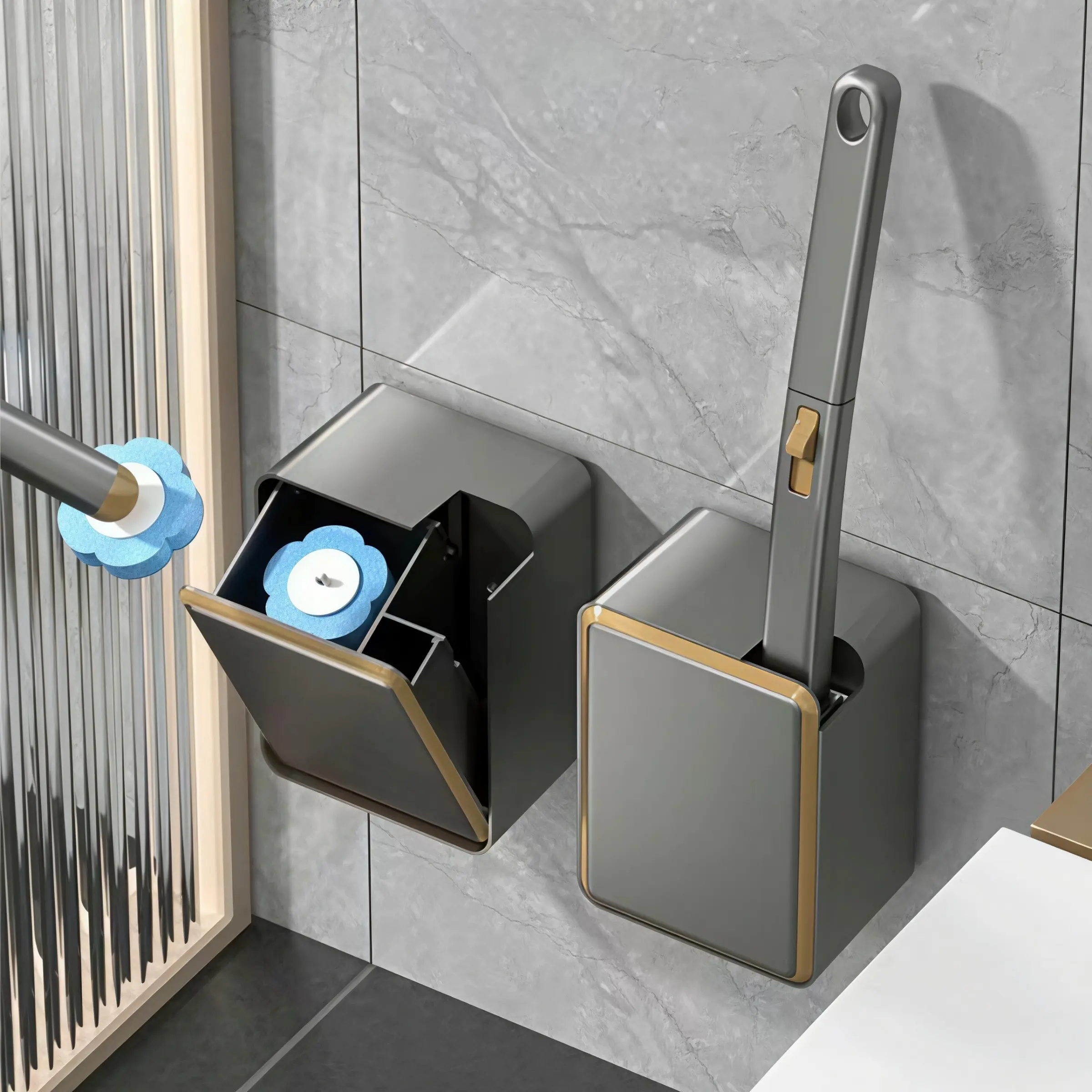 Disposable 360° rotatable toilet cleaner brush with wall-mounted base and replacement heads, Bathroom cleaning tool, Hygienic one-touch operation, hands-free, Space-saving and durable design for home and commercial bathrooms, Toilet Brush and Holder Set