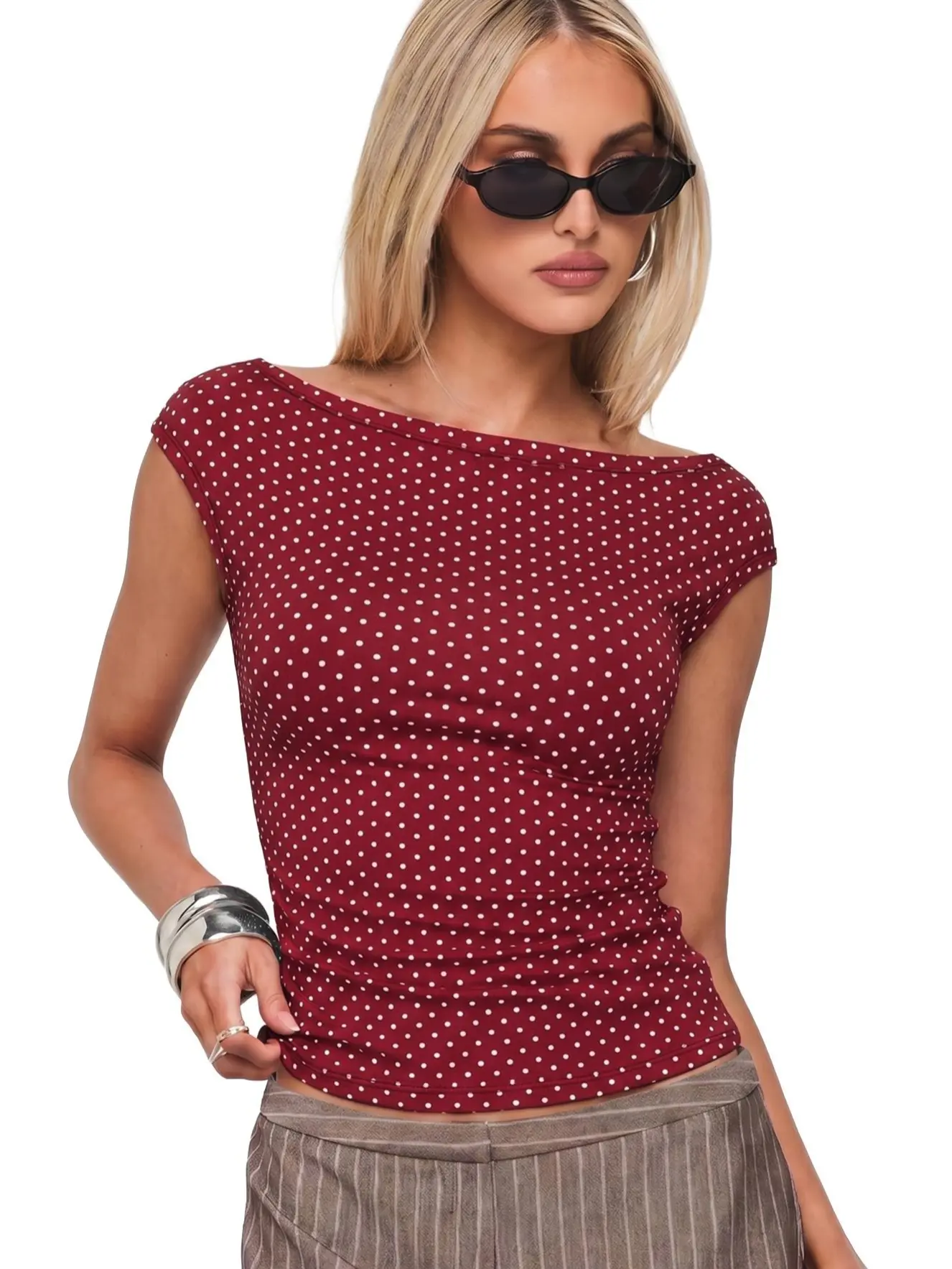 EMMIOL【Buy 2 Save More】 Off Shoulder Tops for Women Cute Sleeveless Polka Dot Shirts Ruched Sexy Going Out Tank Top Y2K Clothes