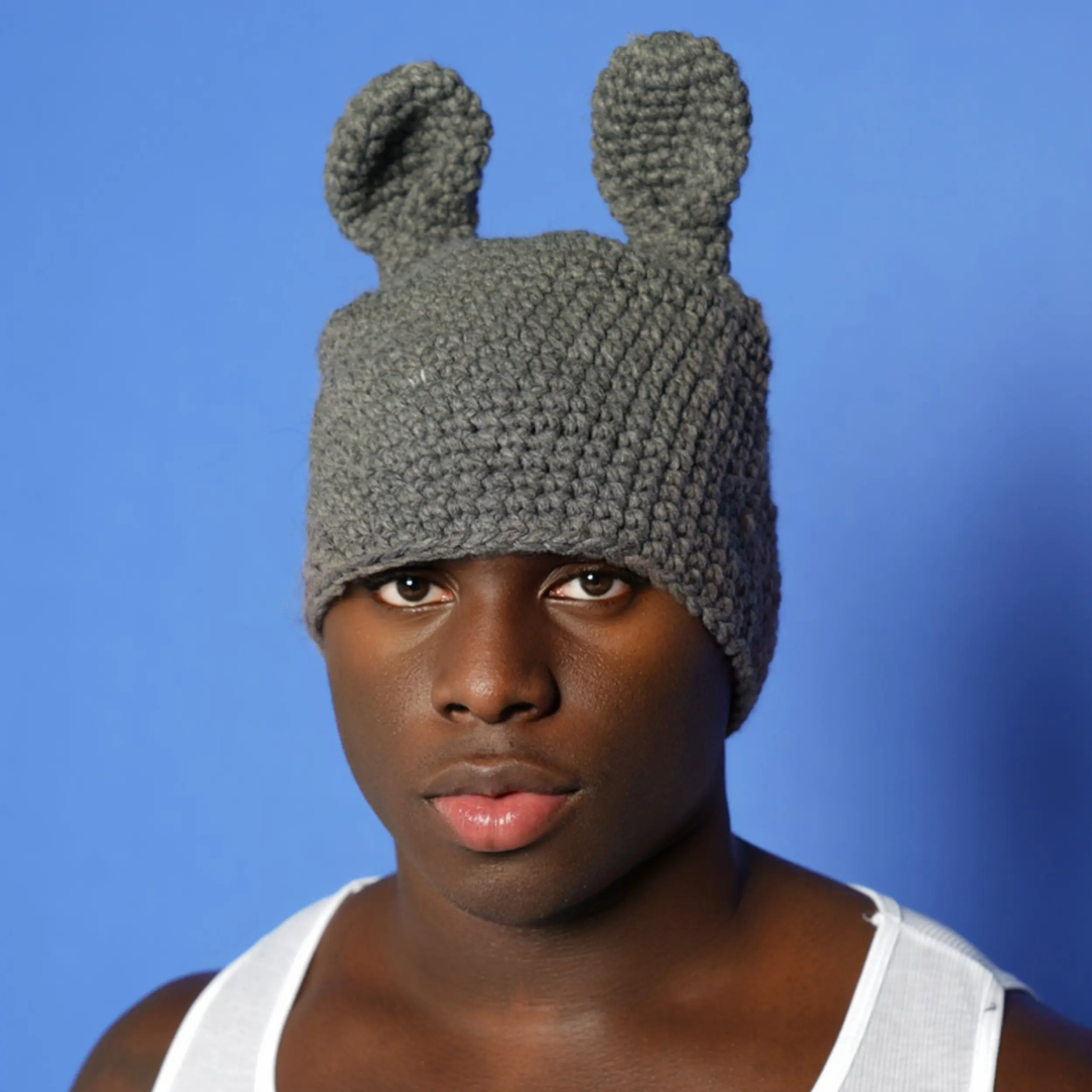BondMen Gray Bunny Knitted Hat - Handmade Winter Bonnet with Cute Bunny Ears