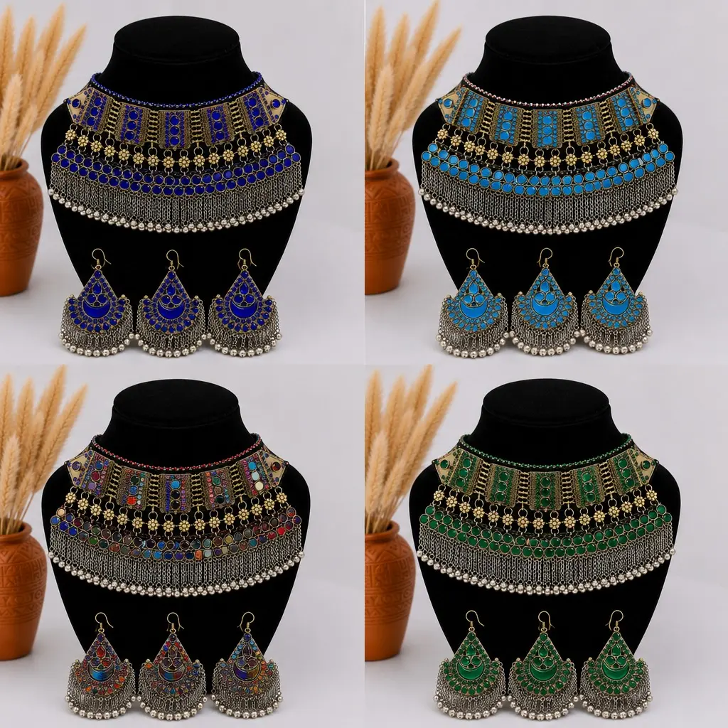 Women's Silver-Tone Traditional Afghan Kuchi 3-Piece Costume Jewelry Set - Necklace, Earrings for Weddings, Eid