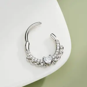 OUFER 16G 316L Stainless Steel Segmented Heart-Shaped Hinged Septum Ring - AAA+ Grade Cubic Zirconia, 8mm/10mm Dainty Hoop Piercing Jewelry for Romantic Daily Wear, Nose Piercings Accessory