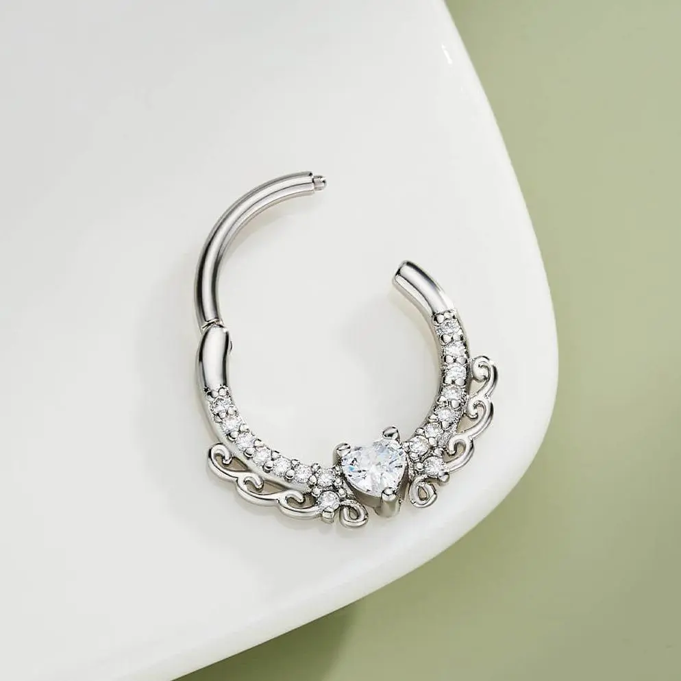 OUFER 16G Septum Ring, Dainty Heart-Shaped 316L Stainless Steel Hinged Segment Hoop with AAA+ CZ, Nose Piercing Jewelry for Daith, Helix, Cartilage (8mm/10mm), Romantic, Segmented, Unisex, Sparkling, Everyday Wear, Cubic Zirconia