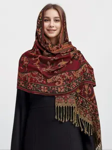 Thick Jacquard Scarf for Women | Paisley & Retro Floral Dual-Pattern Shawl | Floral Print Shawl | Special Multi-Functional Shawl for Muslim Abay/Hijab | Tassel Detail Design | Autumn & Winter Warm Neckwear | Versatile Clothing Accessory