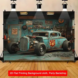 1pc Polyester Fabric 2D Flat Banner - Rustic Vintage Car Print Garage Workshop Hot Rod Theme Party Backdrop for Studio, Birthday Events, Home & Festive Decoration