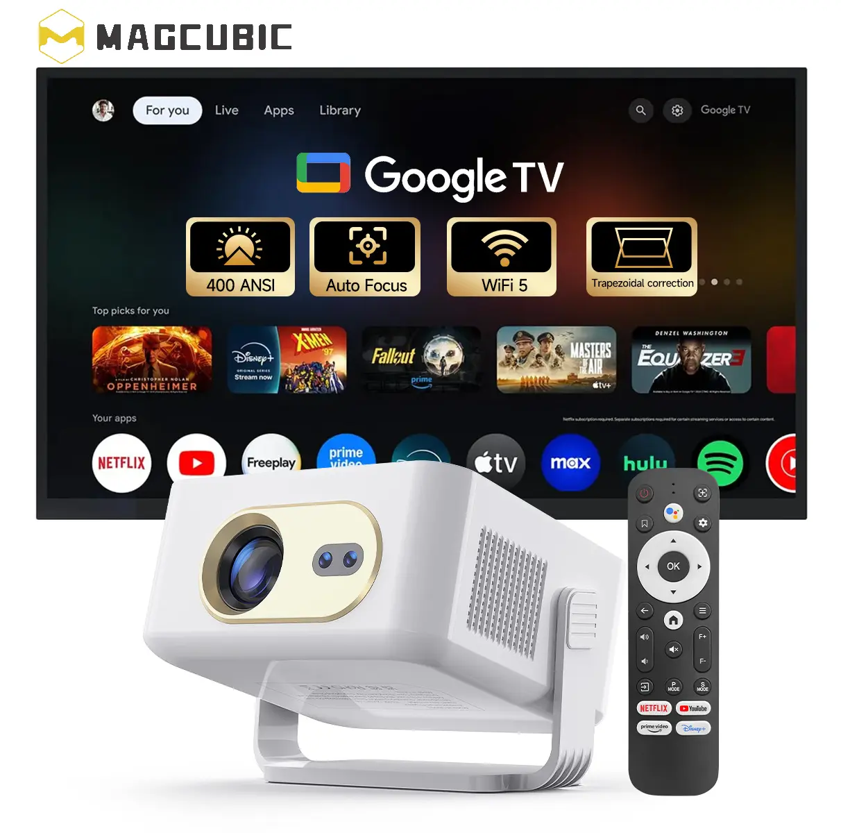 [Google TV stick Bundled] Magcubic HY300GT Projector with Officially Certificated Google TV Google Voice Assistant Auto Focus 400ANSI Built-in 5W Speaker WiFi5 BT5.0 Allwinner H137 Google Cast 0.8:1 Short Throw Ratio #TikTokShopBackToSchool