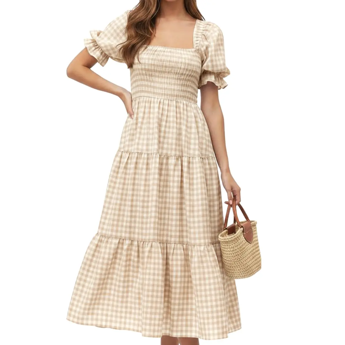 Chouyatou Women’s Casual, Chic, Comfortable-Fit Summer Boho Plaid Square Neck Puff-Sleeve & Short-Sleeve Option Loose, Flowy A-Line Midi Dress, Shortsleeve, Lightweight, Women's Clothes, Accessories, Casual Dresses, Boho Style Outfit, Checkered Print, Bas