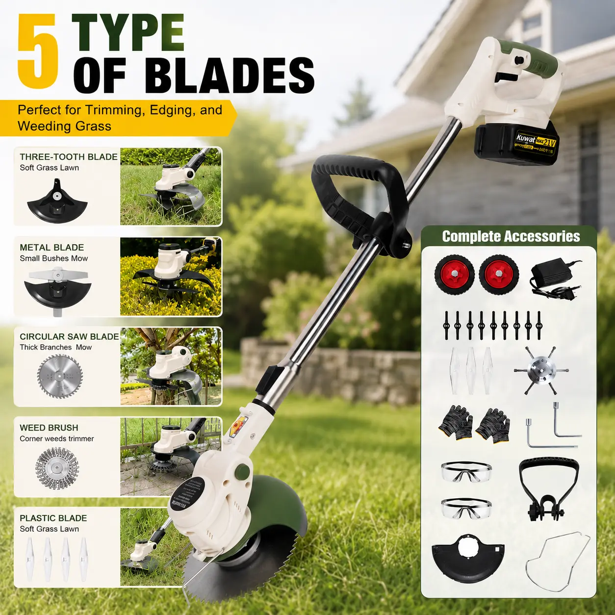 Cordless Electric Lawnmower with 1 Lithium-Ion Battery, Portable Handheld Grass Trimmer with 3 Interchangeable Blades, Garden Lawn Equipment