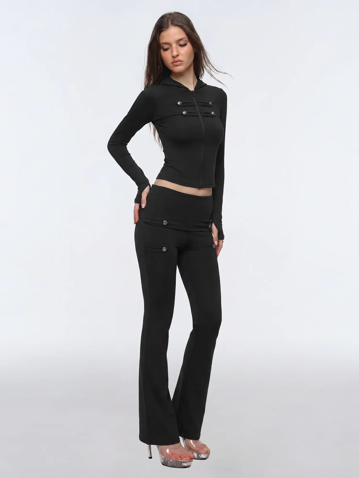FDR Women's 2-Piece Military Clothes Set - Long Sleeve Double-Breasted Button Hoodie Top, Slim-Fit Vintage Style Flared Pants Matching Outfit, Two Piece Sets