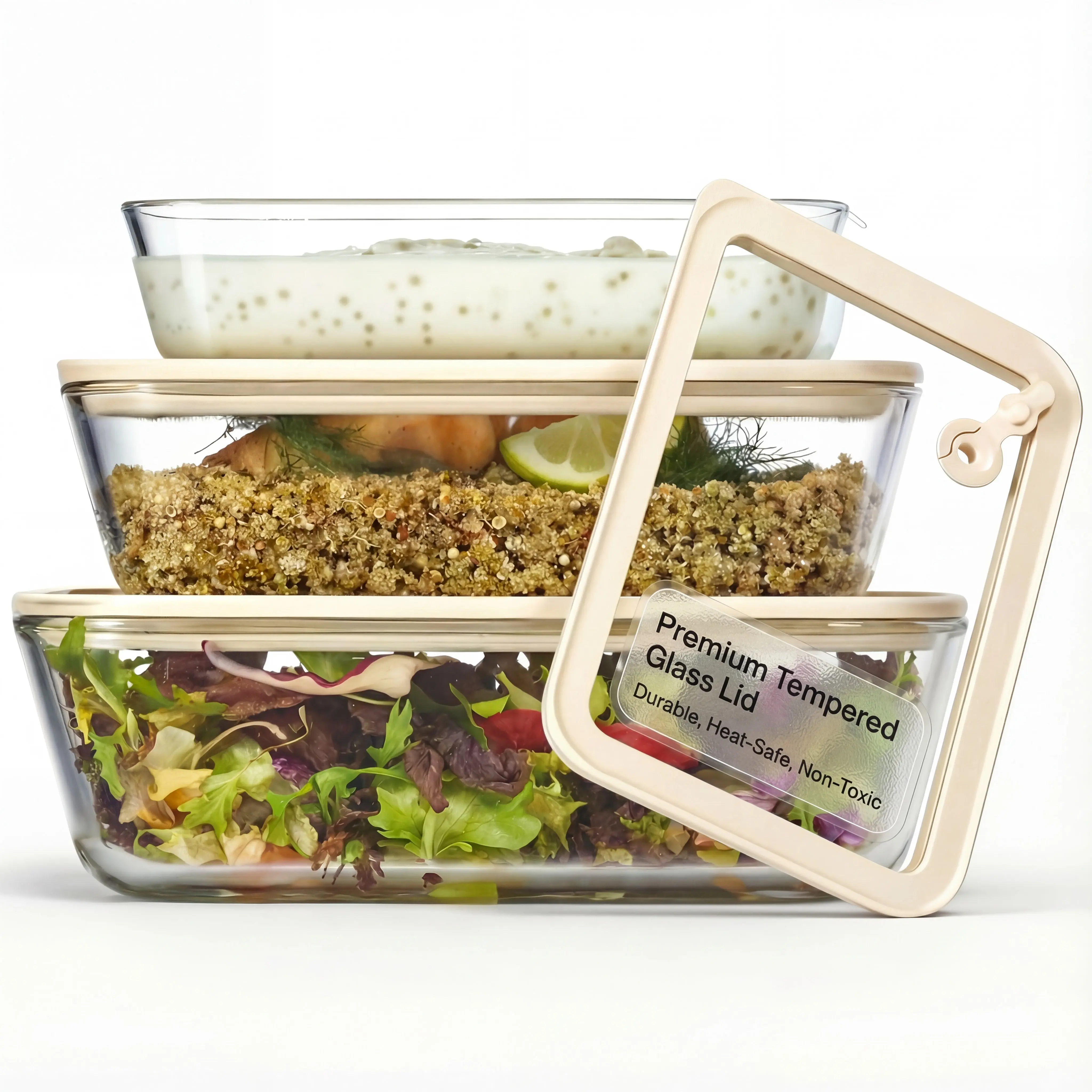 KOOK Kitchen Airtight Glass Storage Container Set - 3-Piece Rectangular Clear/Sand Containers with Silicone Lids, Dish-Oven Safe for Weekly Meal Preps