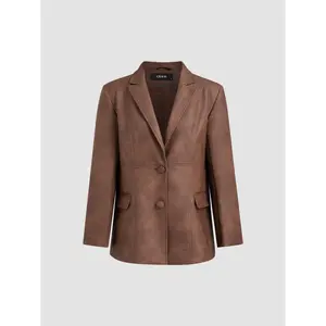 Cider [size 2-10] Faux Leather Collar Solid Button Pocket Blazer