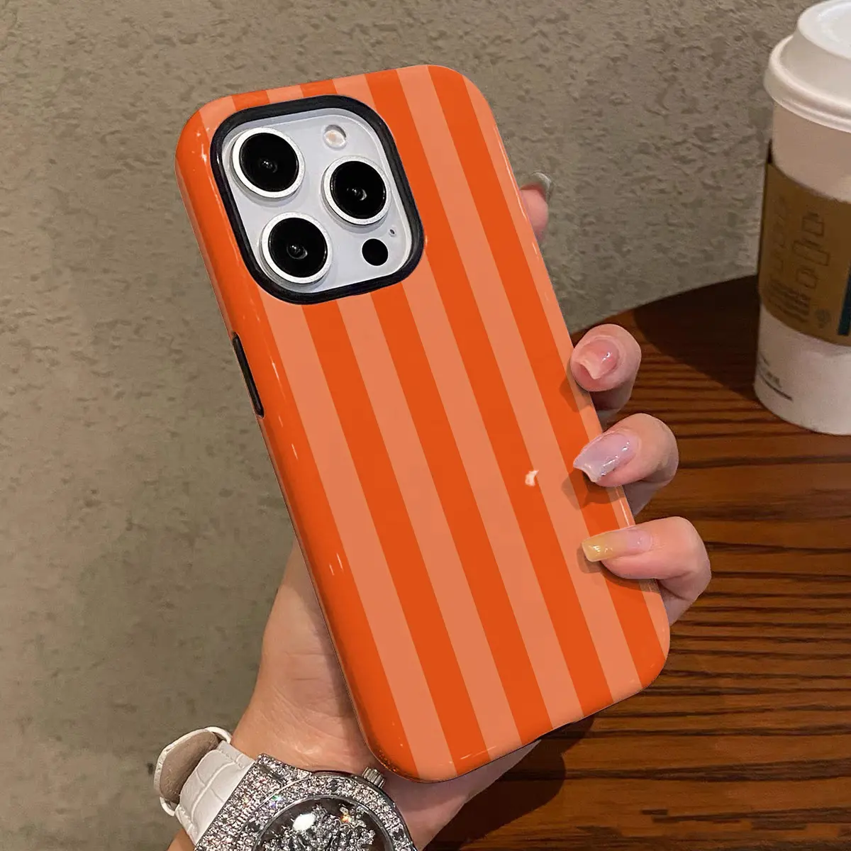 Orange & Yellow Striped Glossy 2-In-1 Smartphone Protector - Flexible Handheld Cellphone Case, Protective Cover for Various iPhone Devices (16 Pro Max,15 Pro,13,11,12,XS,8 Plus,7) - Mobile Phone Accessory
