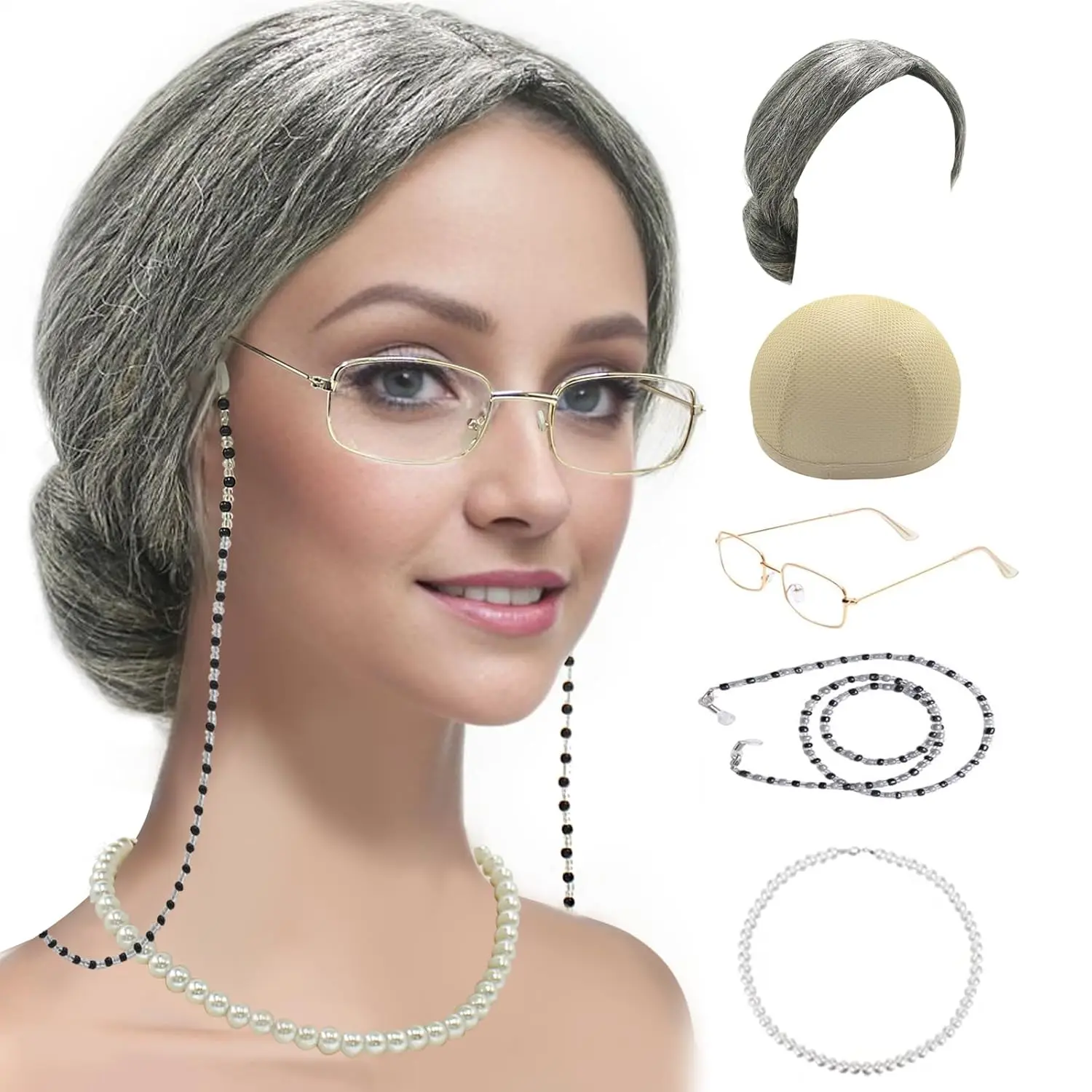 Cupohus Women's Old Lady 5-Piece Quick Dress-Up Costume Set - Grandma Wig, Wig Cap, Madea Granny Glasses, Eyeglass Chains, Faux Pearl Bead Necklace with Accent & Charm, Accessories (Grey Bun), Faux Pearl Charm, Pearl Bead Accent