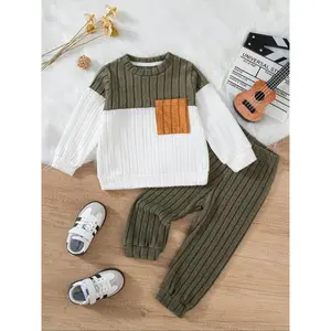 Toddler Boys Knitted 2Pcs Sets Splicing Color Pocket Round Neck Long Sleeve T-shirt+Legged Pants Set Grid Elasticity, Cute, Soft Autumn and Winter Kids Clothing, Festival Gifts, Holiday Outing Wear