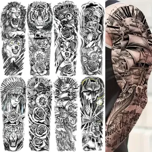 8 Sheets Full Arm Temporary Tattoo Stickers Fake Tattoos, Lion Tiger Wolf Skull Rose Watch Goddess Ship Pirate Compass Design, Gothic Skull Tattoo, Waterproof Realistic Body Art, Aesthetic Tattoo Merch