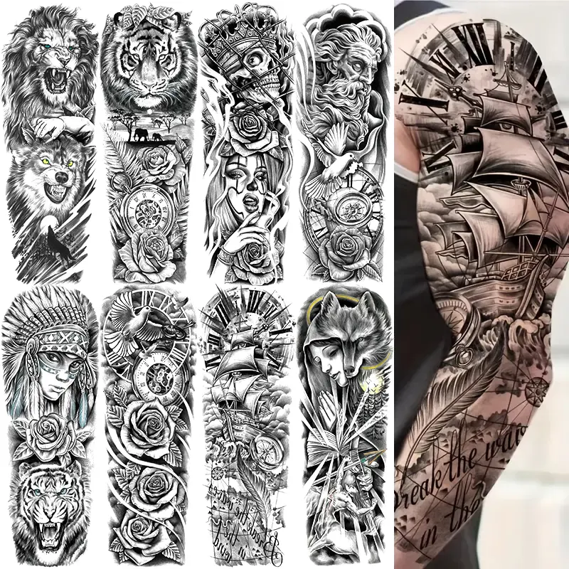 8 Sheets Full Arm Temporary Tattoo Stickers Fake Tattoos, Ephemeral Tattoos, Lion Tiger Wolf Skull Rose Watch Goddess Ship Pirate Compass Design, Gothic Skull Tattoo, Waterproof Realistic Body Art, Aesthetic Tattoo Merch