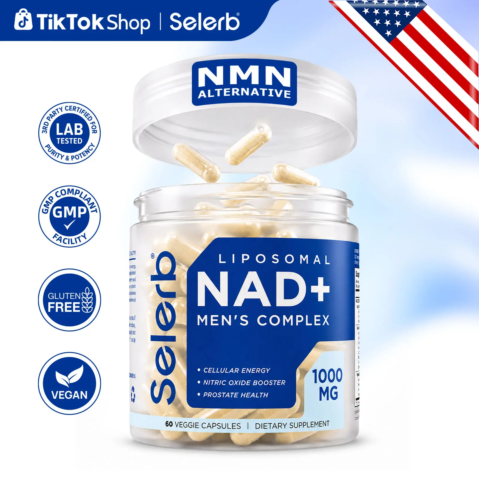 Selerb NAD+ Supplement Stack for Men - Liposomal Complex with NMN, Trans-Resveratrol, CoQ10, Maca, Ashwagandha, Anti-Oxidants - Naturally Derived Nitric Oxide Booster - Supports Cellular Renewal, Energy - 60 Capsules Dietary Vitamins, Body Health