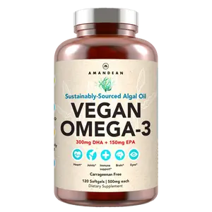 AMANDEAN Vegan Omega-3 Supplement. Algae Oil DHA + EPA + Essential Fatty Acids. 60 ct or 120 ct Plant-Based Softgels. Supports Brain, Heart, Joint & Skin Health.