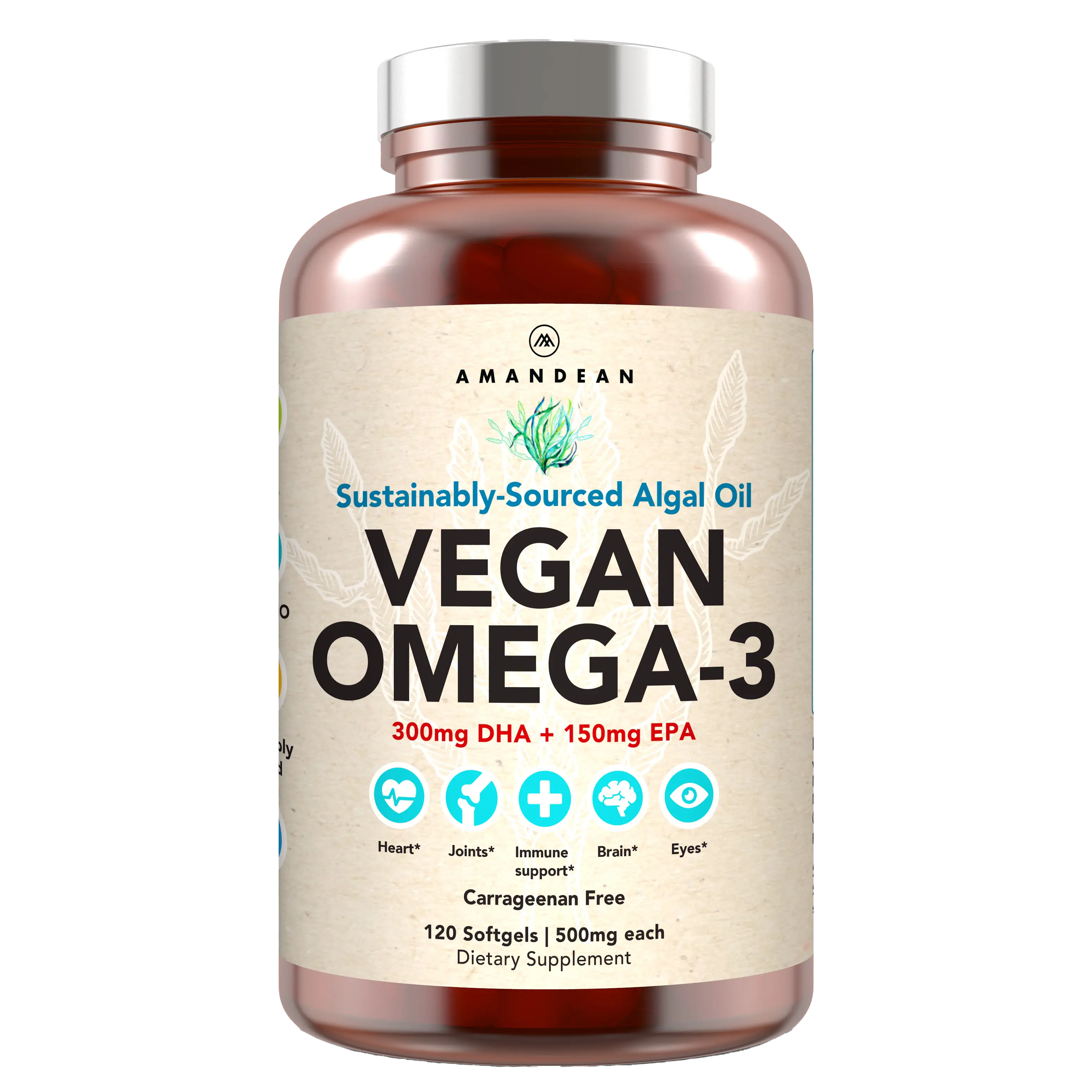 AMANDEAN Vegan Omega-3 Supplement. Algae Oil DHA + EPA + Essential Fatty Acids. 60 ct or 120 ct Plant-Based Softgels. Supports Brain, Heart, Joint & Skin Health.