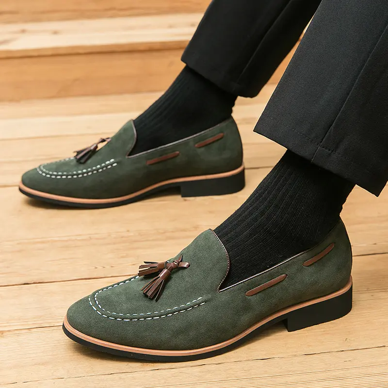 Men's Green Plain Leather Penny Tassel Ankle Loafers - Formal Slip-On Easy On & Off Round Toe Rubber Sole Driving Shoes, Breathable Moccasin Design, All Seasons Business Footwear, Casual Father's Day Gift