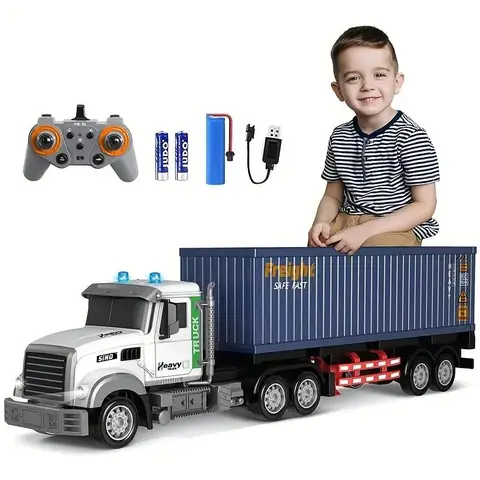 Remote Control Semi Truck Toy - 23in 1:12 Scale RC Container Truck with Trailer, 9-Channel, LED Lights, Music, ABS Plastic Rechargeable Remote Control Car, Ideal Gift for Age 6+ Kids