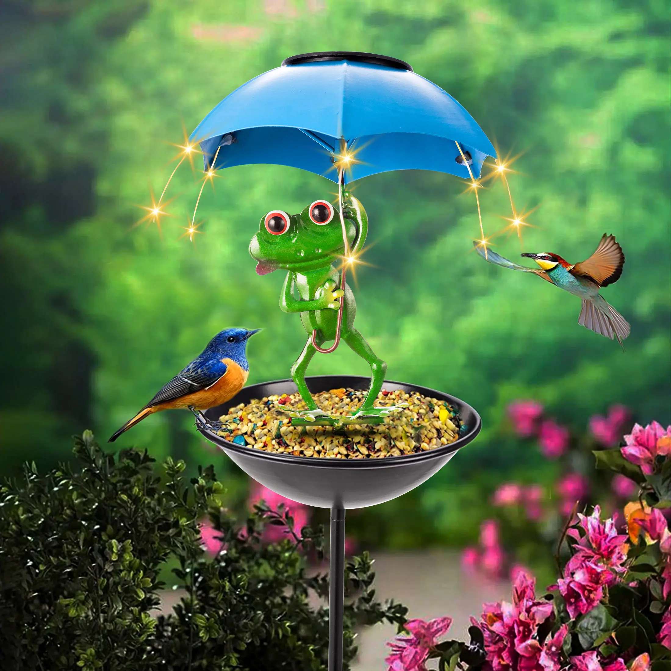 Solar Bird Feeder - Metal Waterproof Bird Feeder with Umbrella Outdoor Solar Lights for Garden Decoration, Unique Gift for Mom & Grandma